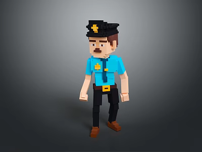 Pixel Art Style Police Officer Game Character with Blue Uniform Black Hat and Brown Shoes 3d model