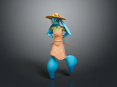 Blue Cartoon Character Wearing Straw Hat And Orange Dress In 3D Design 3d model