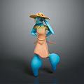 Blue Cartoon Character Wearing Straw Hat And Orange Dress In 3D Design