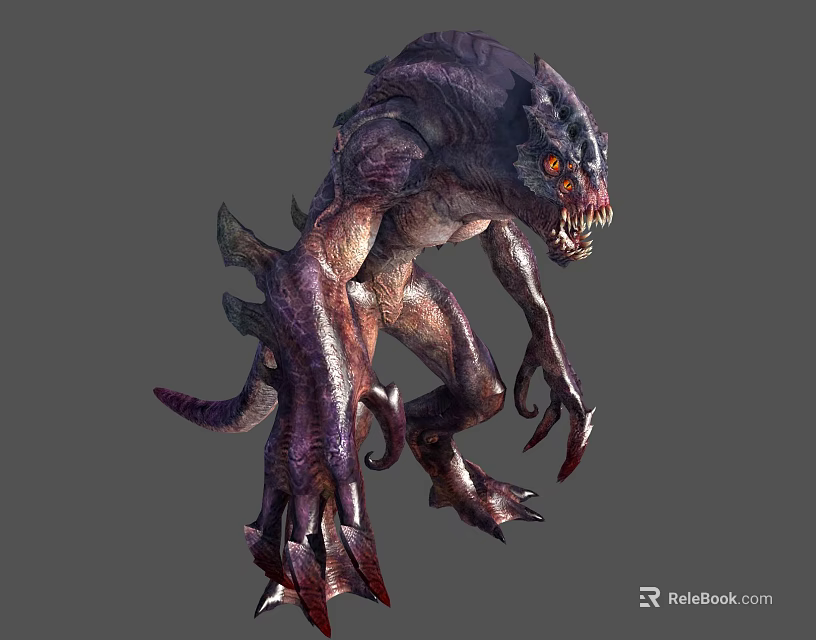 Fierce Monster Character with Purple Gray Skin Red Eyes Sharp Claws Fangs in Aggressive Stance 3d model 