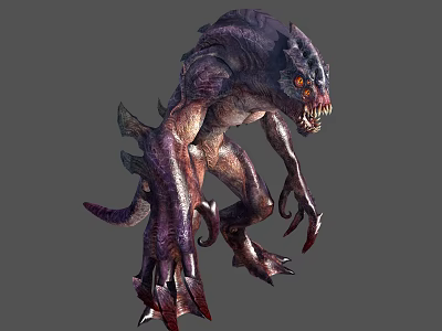 Fierce Monster Character with Purple Gray Skin Red Eyes Sharp Claws Fangs in Aggressive Stance 3d model