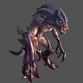 Fierce Monster Character with Purple Gray Skin Red Eyes Sharp Claws Fangs in Aggressive Stance