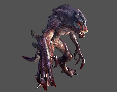 Fierce Monster Character with Purple Gray Skin Red Eyes Sharp Claws Fangs in Aggressive Stance 3d model