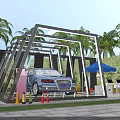 Roadside Facility With Black Frame Structure Blue Car Traffic Cones And Palm Trees