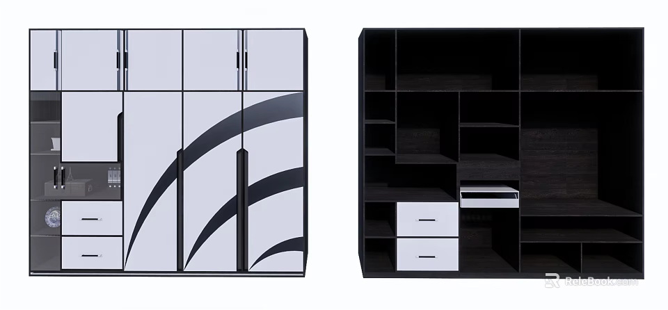 Modern Stylish Wardrobe With Glass Doors Black Curved Patterns Dark Wood Compartments And Storage Drawers 3d model 