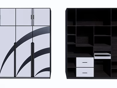 Modern Stylish Wardrobe With Glass Doors Black Curved Patterns Dark Wood Compartments And Storage Drawers 3d model