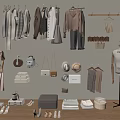 Fashionable Clothes Showcase with Mannequins Hangers Bags Hats and Shoes