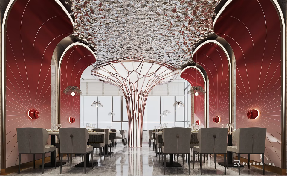 Elegant Red Restaurant Interior With Arched Designs Tree Shaped Centerpiece And Dining Tables 3d model 
