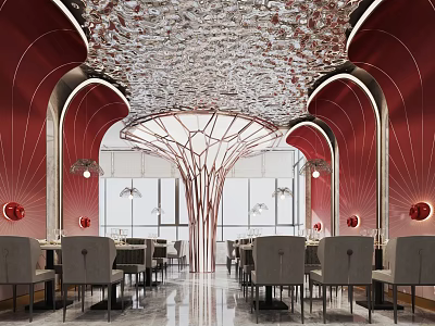 Elegant Red Restaurant Interior With Arched Designs Tree Shaped Centerpiece And Dining Tables 3d model