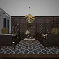Luxurious Living Room With Brown Sofas Coffee Table Chandelier Elegant Rug and Wooden Decorative Wall