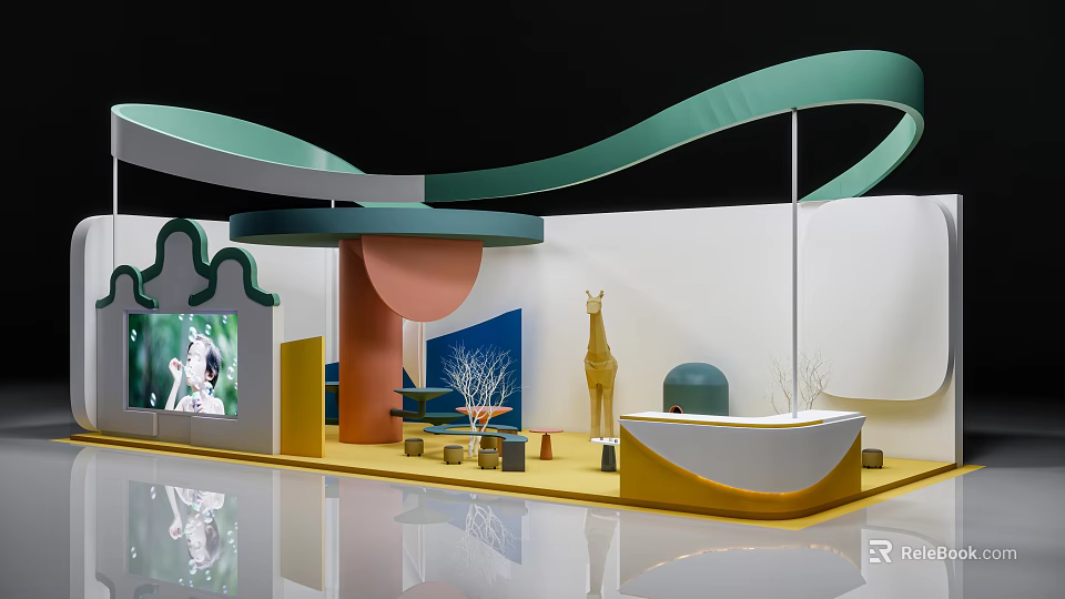 Modern Exhibition Booth With Curved Green Pink Structures Giraffe Model And Reception Desk 3d model 