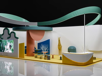 Modern Exhibition Booth With Curved Green Pink Structures Giraffe Model And Reception Desk 3d model