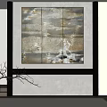 Abstract Multi Panel Wall Painting In Gray Gold Tones With Black Vase And Window Blinds