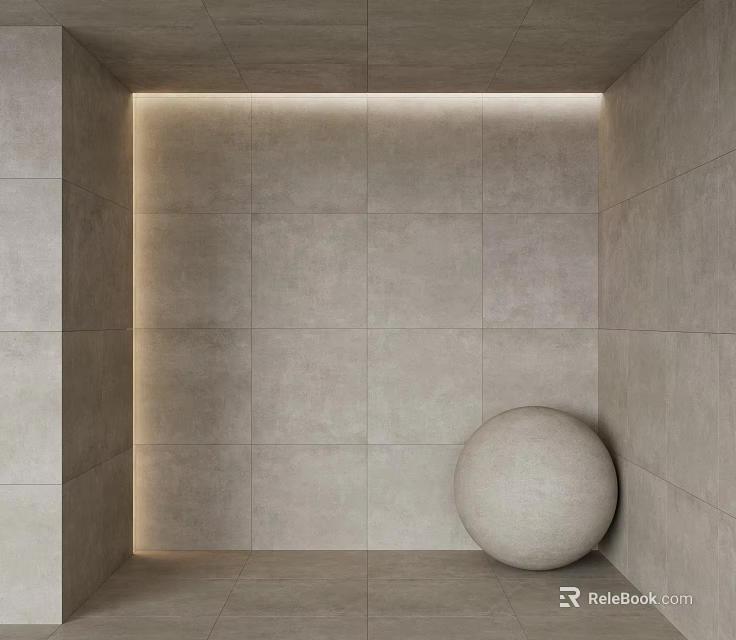 Minimalist Gray Tiled Wall Interior With Recessed Lighting And Spherical Corner Decor 3d model 