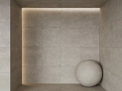 Minimalist Gray Tiled Wall Interior With Recessed Lighting And Spherical Corner Decor 3d model