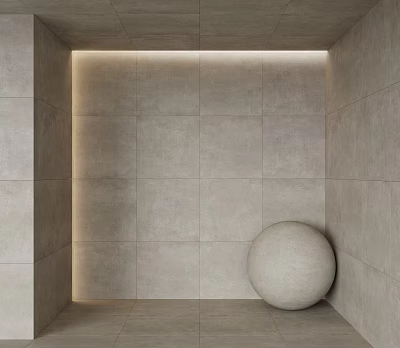 Minimalist Gray Tiled Wall Interior With Recessed Lighting And Spherical Corner Decor 3d model