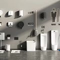 Modern Bathroom Urinals With Toilet Paper Holders Soap Dispensers Gender Signs And Cleaning Tools