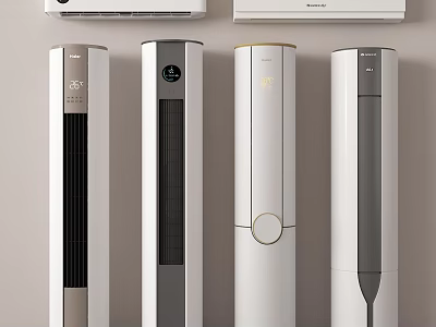 Modern Tower Air Conditioner Fans With White Silver Designs And Digital Control Panels 3d model
