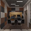 Professional Recording Studio With Colorful Paneled Walls Ceiling Lights Workstation Monitors Speakers And Chairs
