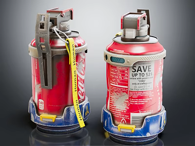 Red Military Grenade Canister With Yellow Strap Blue Base And Sturdy Design 3d model