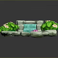 Cartoon Scene With Stone Border Small Stream Lotus Flower Green Leaves And White Blossoms