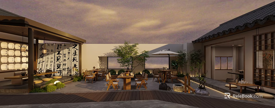 Traditional Chinese Garden Landscape with Outdoor Courtyard Wooden Furniture Green Trees and Stone Lanterns 3d model 