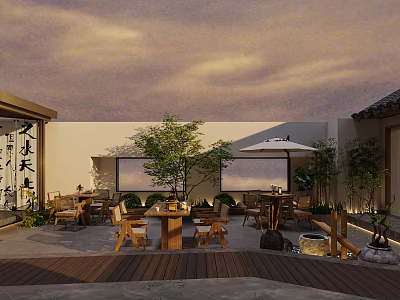 Traditional Chinese Garden Landscape with Outdoor Courtyard Wooden Furniture Green Trees and Stone Lanterns 3d model