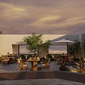 Traditional Chinese Garden Landscape with Outdoor Courtyard Wooden Furniture Green Trees and Stone Lanterns