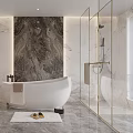 Luxurious Modern Bathroom Interior With Freestanding Bathtub Marble Walls And Vanity Mirror