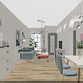 Modern Cozy Living And Dining Room Interior With Sofa Dining Table Chandelier And Decorative Paintings