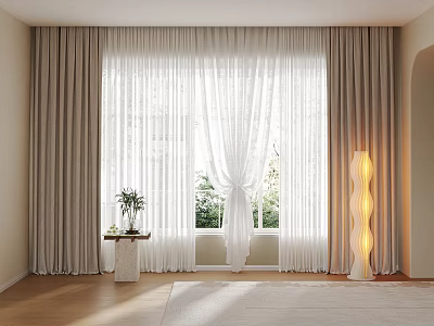 Beige Curtains With White Sheer Curtains For Window Interior With Natural Light And Floor Lamp 3d model