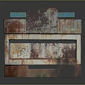 Cartoon Scene With Stacked Rusty Metal Colorful Blocks And Weathered Red Blue Textures