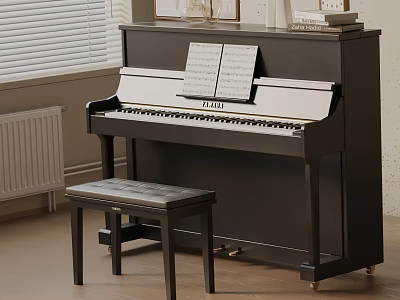 Black Upright Piano With Music Sheets And Wooden Bench In Home Interior Room 3d model