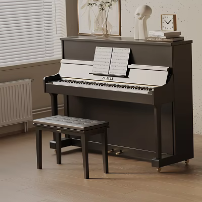 Black Upright Piano With Music Sheets And Wooden Bench In Home Interior Room 3d model