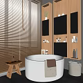 Modern Bathroom Interior With White Bathtub Wooden Blinds Shelves And Toiletries