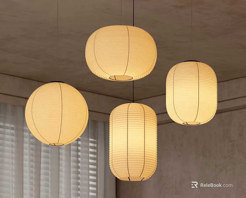 Warm Beige Paper Lantern Pendant Lights Four Hanging In Interior With Gray Walls And Blinds 3d model 
