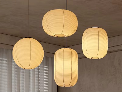 Warm Beige Paper Lantern Pendant Lights Four Hanging In Interior With Gray Walls And Blinds 3d model