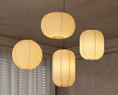 Warm Beige Paper Lantern Pendant Lights Four Hanging In Interior With Gray Walls And Blinds 3d model