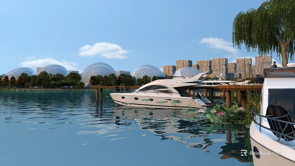 White Yacht Anchored by Pier with Dome Structures and City Buildings 3d model 