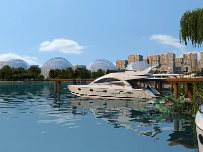 White Yacht Anchored by Pier with Dome Structures and City Buildings 3d model