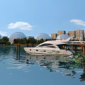 White Yacht Anchored by Pier with Dome Structures and City Buildings