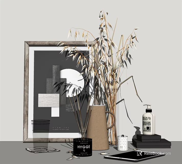 Tabletop Decorative Ornament Collection With Framed Art Dried Flowers Vase And Scented Diffuser 3d model 