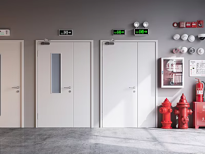 Emergency Doors With Fire Hydrants Extinguishers And Safety Signs In Industrial Area 3d model