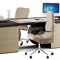 Modern Office Desk With Wooden Top Beige Chair Apple Computer Glass And Documents