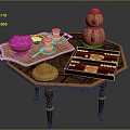 Traditional Chinese Tea Table With Copper Teapot Pastries Tea Cups And Decorative Mat