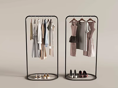 Stylish Clothes On Modern Clothing Racks With Various Styles And Shoes 3d model