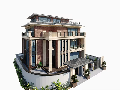 Elegant Two Story Detached Villa With Brick Stone Exterior Large Windows Balconies And Landscaped Garden 3d model