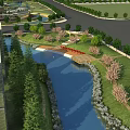Waterfront Landscape Design Featuring River Green Lawn Blooming Trees And Wooden Walkway