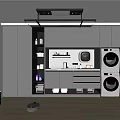 Modern Home Balcony Design With Gray Cabinets Washing Machine Dryer Storage Shelves And Robot Vacuum
