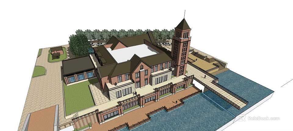 Large Waterfront Building With Brown Exterior Tower Green Lawn And Surrounding Trees 3d model 